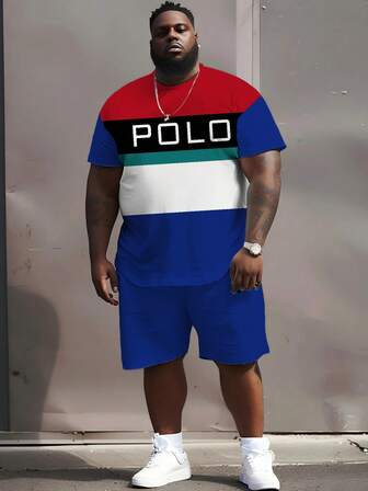 2 件/套大码男士拼色 Polo 印花短袖 T 恤 + 抽绳短裤，透气柔软舒适面料，可机洗，夏季服装