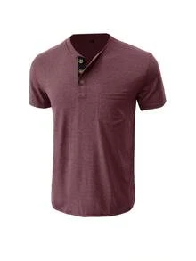 Plus Size Men's Short Sleeve Crew Neck Pocket Henley T-Shirt Tee - Red - View 4