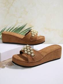 Women's Fashion Pearl Decor Wedge Slide Sandals, Suitable For Wedding, Party, Vacation, Casual Wear, Thick-Soled Slippers