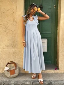 Women's A-Line Ruffle Sleeve Long Dress - Baby Blue - View 5