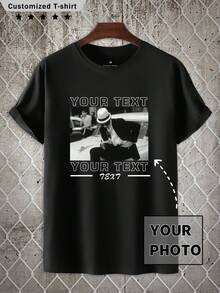 Personalized Custom Men's T-Shirt, Spring/Summer, Loose Fit, Casual, Sports, Vacation, Outdoor, Street, Daily, Father's Day, Back To School, Graduation, Upload Your Photo/Couple/Family/Pet/Friend/Landscape, Men's Round Neck, Short Sleeve, Black