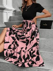 Plus Size Women Floral Print Patchwork A-Line Dress, Elegant Short Sleeve Crew Neck Drawstring Waist - Pink - View 4