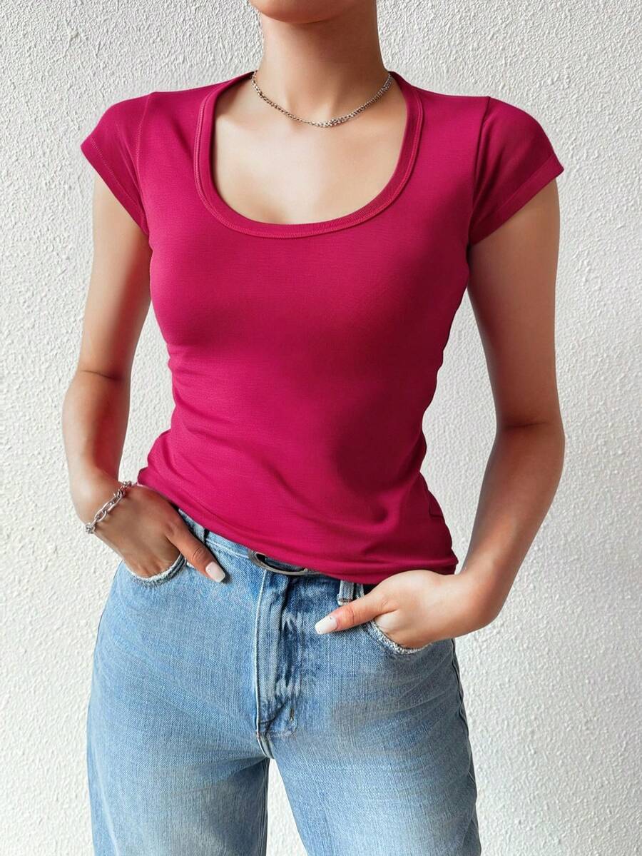 Playera dama mujer cuello redondo profundo manga corta ajustada 100% algodon fresca - Magenta - Ver 1