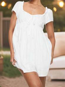 Summer Solid/Striped Dresses For Women 2025 Casual Cute Ruffle Square Neck Short Sleeve Summer Mini Dress - 白色 - 查看 4