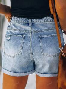 Jeans da donna di stile casual semplice e ampio, con stile vacanziero e lavorazione consumata, in colore unito lavato, di stile americano di transfrontaliero per l'estate