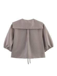 Women Casual Plaid Sailor Collar Shirt Summer Lace-Up Half Sleeves Tops Y2k Cute Babydoll Blouse