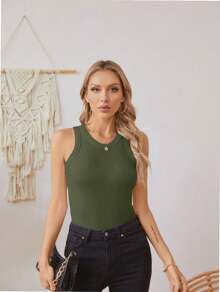 QUEENTI Women's Summer Round Neck Tank Top Stretch Camisole