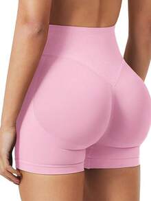 Set di 3 pantaloncini sportivi in vita alta - Colore Unito, Senza cuciture, Traspirante, Tessuto in nylon elasticizzato, Pantaloncini casual per allenamento - Multicolore - Visualizzare 2