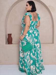 Plus Size Long Dress With Ruffle On The Shoulder - Turquoise Green Estam. - View 2