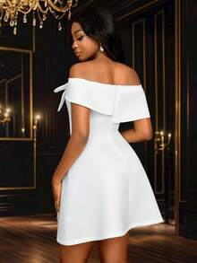 Vestido de novia, fiesta, ducha nupcial, graduación con hombros descubiertos, mangas abullonadas, silueta evasé con flores 3D, vestido mini para mujer