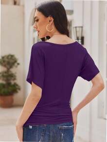 QUEENTI Women's Casual Short Sleeve Dolman Top Boat Neck T Shirt - Màu tím đậm - Xem 6