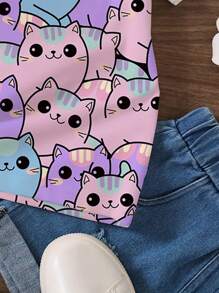 Camiseta de manga corta con cuello redondo y estampado de gato para niñas, top casual para niña joven