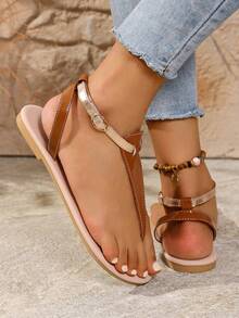 1 Pair Women's Fashion Casual Flip Flops With Toe Strap And Buckle Design, Minimalist Style Ensures Comfort, Suitable For Daily Wear, Stylish Flat Sandals For Spring/Summer - Rust Brown - View 3