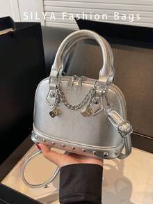 1 szt. Modny srebrny materiał PU nit łańcuchowy dekoracyjny regulowany pasek muszla torba, damska Y2K Punk Style Mini torebka na ramię, odpowiednia do estetyki tysiąclecia, akcesorium na imprezę taneczną - Srebro - Zobacz 3