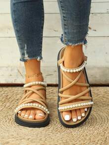 Women's New Colorful Beaded & Rhinestone Soft Bottom Comfortable Plus Size Sports Sandals, Suitable For Outdoor, Walking, Travel, Beach, Versatile Cute Women Flat Sandals - Khaki - View 4