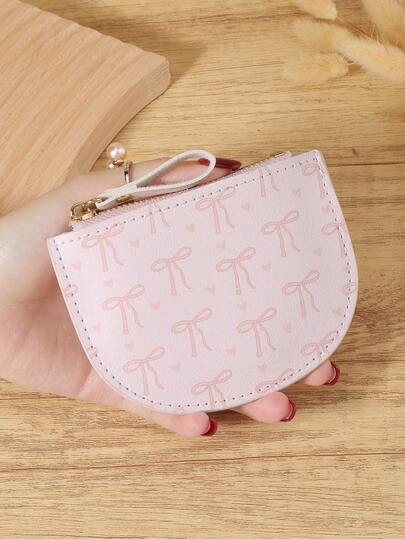 粉色蝴蝶结爱心图案拉链小钱包零钱包小钱包双折超薄女士钱包迷你薄、轻便、多层便携、身份证、信用卡简约、时尚、现代、商务、周年纪念、生日礼物、礼物、女孩、女士、女性、学校宿舍和返校用书包