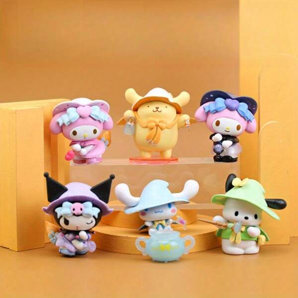 Sanrio 6 stuks Magische Melodie Mijn Melodie Beeldje Kuromi Pluche Pop Taarttopper Verjaardagscadeau Klein Cadeau Schoolbenodigdheden, Terug naar School