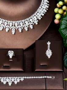 1 conjunto de joias de zircônia cúbica brilhante para mulheres, adequado para noivas, casamentos, festas, vestidos, festivais, incluindo colar, brincos, pulseira, 4 peças, moda
