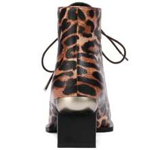 TDD Leopard Print Boots For Women Square Toe Lace Up Ankle Wide Calf Booties Botas Para Mujer Leather Chunky Block Dress Warm Lined Cowboy Cowgirl Ladies 2 Inch High Heels