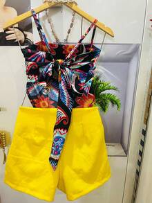 One Size Shirt Set With Tie At The Back And Print, Shorts With Zipper And No Pocket - Yellow - View 2