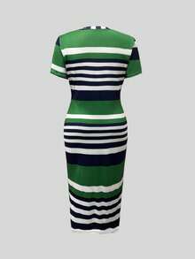 女士休闲撞色条纹修身连衣裙，夏季优雅之选 - 綠色 - 查看 4