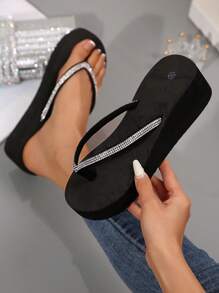 Chanclas de mujer de tiras finas, nueva moda de verano con cuña de suela gruesa, sandalias de playa con suela antideslizante gruesa, chanclas de dedo con cuña de tacón alto, adecuadas para exteriores, playa, boda