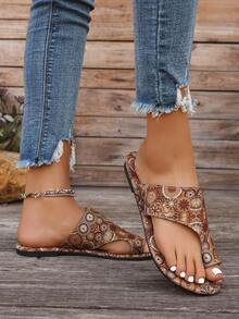 Women's Flat Sandals, Wild Western Style, 2025 New Summer, Lightweight & Comfortable, Plus Size, Non-Slip, Slip-On, Beach Holiday Slippers, Fashion Casual, Cartoon Printed, Sporty Personalized Shoes