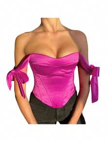 Womenacute;S Stain Bustier Tops, Solid Color Bow Tie Strap Sleeveless Boned Corset Tops - Hot Pink - View 2