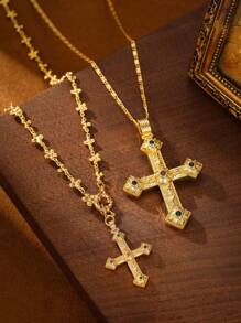 1pc Women's Fashion European Copper Plated 18K Gold Multicolor Zirconia Flower Cross Pendant Necklace, Suitable For Gifts, Parties And Daily Wear, Velvet Bag Packaging