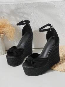 Nuevas sandalias cuña de cuerda elegantes para mujeres, cómodas, versátiles, de moda, apropiadas para vacaciones - Negro - Ver 3