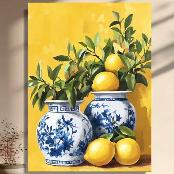 Framed Canvas   Charming Blue& White Porcelain Pots With Lemons Canvas Art-  Painting On Yellow Background, Detailed Artwork Perfect For Room Decor, Ideal Gift For Her& Him For Any Occasion, Ready To Hang For Home, Office, Living Room, Cafe, Dorm, Christmas, Thanksgiving, New Year, Valentine'S Day  Kitchen, Coffee Corner, Bedroom, Bathroom, Classroom, Fall, Spring, Indoor, Outdoor Decor