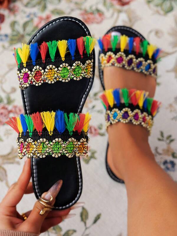 1 Pair Summer Colorful Boho Style Flat Sandals, Women's Fashion Elegant Casual Beach Vacation Slippers