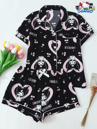  2pcs/Set Women's Sanrio Kuromi Collared Short Sleeve Buttoned Pocket Top And Bow Shorts Sleepwear/Loungewear Set, Suitable For Home Use, Spring/Summer