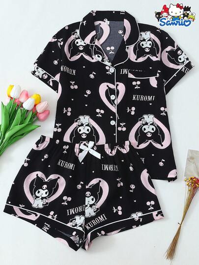 Sanrio 2pcs/Set Women's Sanrio Kuromi Collared Short Sleeve Buttoned Pocket Top And Bow Shorts Sleepwear/Loungewear Set, Suitable For Home Use, Spring/Summer