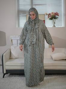 Women's Ditsy Floral Prayer Robe Scarf, Woven Fabric, Zipper Closure, All Season Abaya - Multicolor - View 6