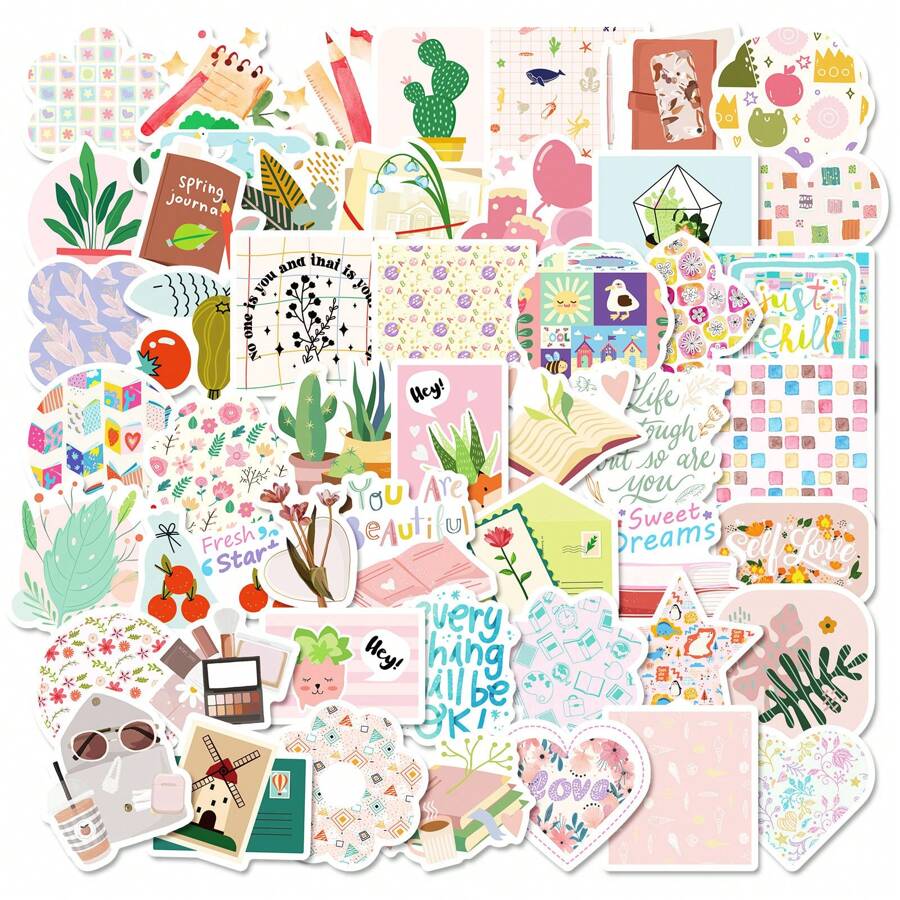 50 piezas de Pegatinas decorativas con estampado floral y vegetal, pegatinas impermeables de PP coloridas adecuadas para botellas de agua, patinetas, portátiles, diarios DIY, equipaje, recompensas en el aula, actividades padres-hijos