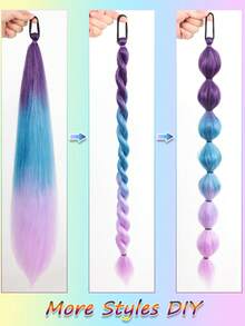 1-2条26英寸紫色、蓝色、粉色DIY编发接发 | 女士合成Yaki直发耐热蓬松马尾 | 适合万圣节、圣诞节、节日派对 - 彩色 - 查看 5