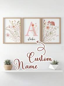 3 pezzi di arte murale personalizzata con nome senza cornice, cartellone su tela con fiori selvatici personalizzati, decorazione da parete rossa, decorazione per la camera dei bambini, decorazione da parete per la camera delle ragazze, cartellone per decorazione dell'asilo, senza cornice, regalo di compleanno perfetto, arte per la nursery, decorazione back to school