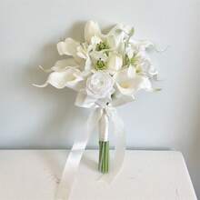 玫瑰与马蹄莲新娘捧花，人造花卉装饰，适用于婚礼、庆典、周年纪念、新娘礼物 - 白色 - 查看 14
