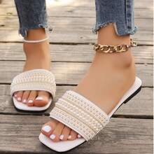Women's Slip-On Sandals With Rhinestone Decorations, Casual & Versatile Plastic Flat Sandals, Summer - White - View 2