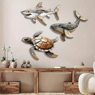 11.8 英寸乡村地中海风格木质墙饰 - 鲸鱼、鲨鱼和海龟雕塑，适用于室内外空间 - 手工制作的木质海洋生物装饰品，适用于客厅、卧室或复活节礼物 - 无需电源，客厅艺术品 | 水生设计 | 天然木质色调，海龟装饰，2D 平面图