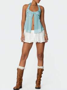 Women Y2K Halter Top Summer Sequin Beaded Crop Tank Tops Sheer Mesh Split Hem Tie Up Backless Sleeveless Cami Deep V Neck Open Back Vest Tops Slim Fit Floral Embroidery Shirts Sexy Going Out Coquette Tops Club Streetwear Fairy Grunge Aesthetic Clothes Outfit - 藍色 - 查看 3