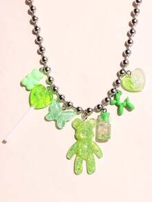 1条新款银色不锈钢串珠项链，配有色彩鲜艳的闪亮小熊、棒棒糖、蝴蝶、漂浮瓶、气球、小狗、爱心吊坠，适合作为女性夏季假日生日礼物，Y2K可爱派对DIY创意时尚配饰 - 彩色 - 查看 2