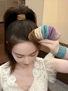 Set da 5 pezzi di elastici per capelli eleganti e carini di colore unito, spessi e antiscivolo, adatti per donne e ragazze, ideali come regalo per feste, viaggi e uso quotidiano. Accessori per capelli in nylon elastico, stile casual Ins, adatti per capelli ricci, autunno, viaggi, accessori per capelli, accessori per donne, accessori per capelli, accessori per feste. - Multicolore - Visualizzare 8