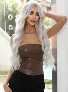 Peruca Sintética Longa Branca Prateada de 26 Polegadas para Mulheres, Peruca Platinada Branca com Franja Ondulada, Adequada para Uso Diário, Halloween e Interpretação de Papel