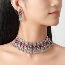 1pc Rhinestone Embellished Necklace And 1 Pair Earrings Set - Rhinestone Studded Necklace - View 3