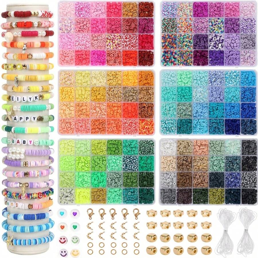 1pc Clay Bead Polymer Bracelet Making Kit, Contrast Color Solid Rainbow Soft Clay, Suitable For Teenage Girls DIY Friendship Beaded Jewelry Crafts, Gift Summer, School
