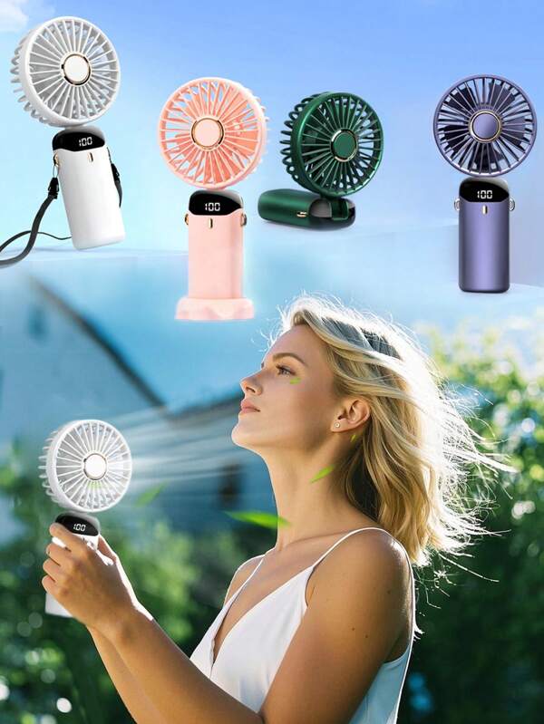 Nuevo ventilador de mano pequeño portátil con pantalla digital silencioso para oficina, escritorio, estudiante, dormitorio, carga USB, ventilador plegable de 90 grados, ajustable a cinco velocidades, ventilador portátil para deportes