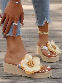 1 Pair Casual Embellished Flip Flops, Beach Wedge Sandals For Summer - Yellow - View 1