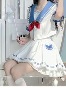 Gotea Girl's Sailor Uniform Set, Blue Navy Academy Style Short Sleeve Summer Set (Comes With Tie)